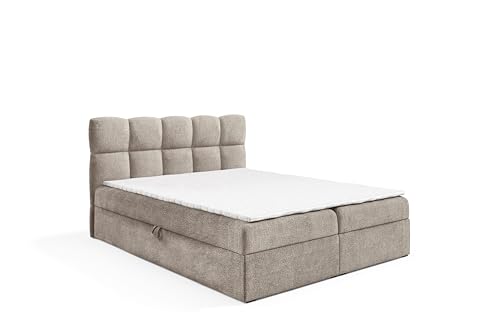 FURNISTAR Boxspringbett Nelly 200x200 mit Bettkasten Bett aus Boucle-Stoff mit Topper und Bonellmatratze Polsterbett Familienbett modernes Schlafzimmer - Taupe von FURNISTAR