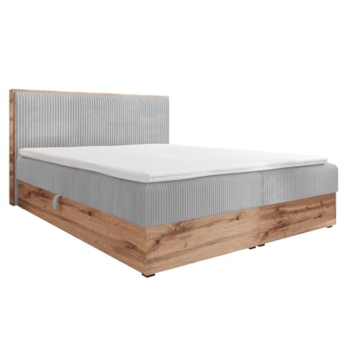 FURNISTAR Boxspringbett TILIA Doppelbett mit Bonellmatratze Bett mit Topper und Bettkasten Cord Stoff Polsterbett mit Kopfteil Modern Schlaffzimmer Wotan Platte (180x200 hellgrau) von FURNISTAR