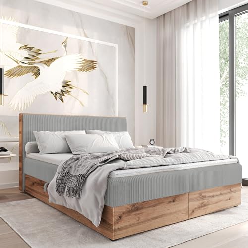 FURNISTAR Boxspringbett TILIA Doppelbett mit Bonellmatratze Bett mit Topper und Bettkasten Cord Stoff Polsterbett mit Kopfteil Modern Schlaffzimmer Wotan Platte (180x200 hellgrau) von FURNISTAR