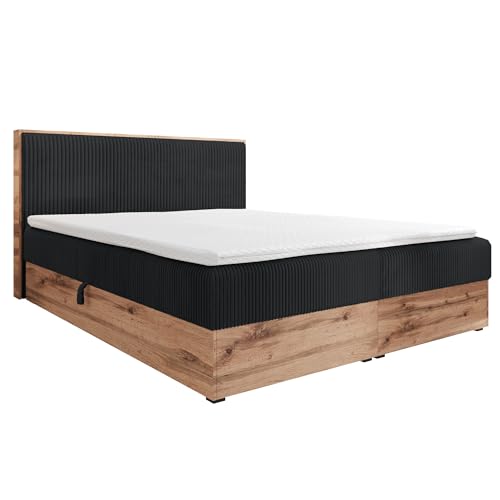 FURNISTAR Boxspringbett TILIA Doppelbett mit Bonellmatratze Bett mit Topper und Bettkasten Cord Stoff Polsterbett mit Kopfteil Modern Schlaffzimmer Wotan Plattet (120x200 Schwarz) von FURNISTAR