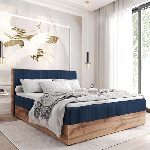 FURNISTAR Boxspringbett TILIA Doppelbett mit Bonellmatratze Bett mit Topper und Bettkasten Cord Stoff Polsterbett mit Kopfteil Modern Schlaffzimmer Wotan Plattet (140x200 Dunkelblau) von FURNISTAR
