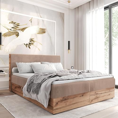 FURNISTAR Boxspringbett TILIA Doppelbett mit Bonellmatratze Bett mit Topper und Bettkasten Cord Stoff Polsterbett mit Kopfteil Modern Schlaffzimmer Wotan Plattet (180x200 Cappuccino) von FURNISTAR