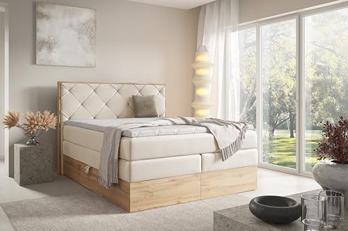 FURNISTAR Echtes Boxspringbett LOFT IV Premium 180x200 mit 7-Zonen Taschenfederkern Matratze und Bettkasten - Familienbett mit Topper Stauraum Wotan Eiche Platte Polsterbett Hotelbett - Beige von FURNISTAR