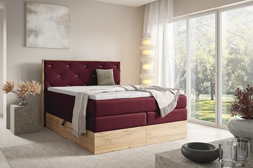 FURNISTAR Echtes Boxspringbett LOFT IV Premium 180x200 mit 7-Zonen Taschenfederkern Matratze und Bettkasten - Familienbett mit Topper Stauraum Wotan Eiche Platte Polsterbett Hotelbett - Weinrot von FURNISTAR