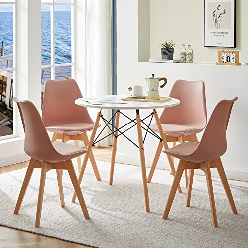 FURNITABLE Runder Esstisch mit 4 Rosa Esszimmerstühle Skandinavisches Design mit Füßen aus Holz und Metallrahmen für Küche Wohnzimmer Lounge von FURNITABLE