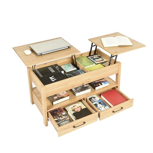 FURNITABLE Couchtisch Höhenverstellbar, Wohnzimmertisch mit Schublade & verstecktem Fach, 100 x 50 x (48-62) cm Sofatisch Beistelltisch aus Holz von FURNITABLE
