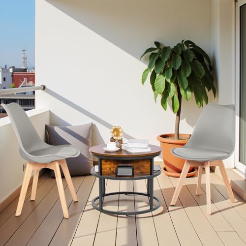 FURNITABLE Couchtisch Rund mit Hebeplatte,Beistelltisch Höhenverstellbar mit Stauraum Klein Wohnzimmertisch,Kaffeetisch mit 2 Grau Stühle,60x60x48cm-62cm von FURNITABLE