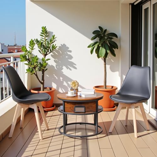 FURNITABLE Couchtisch Rund mit Hebeplatte,Beistelltisch Höhenverstellbar mit Stauraum Klein Wohnzimmertisch,Kaffeetisch mit 2 Schwarz Stühle,60x60x48cm-62cm von FURNITABLE