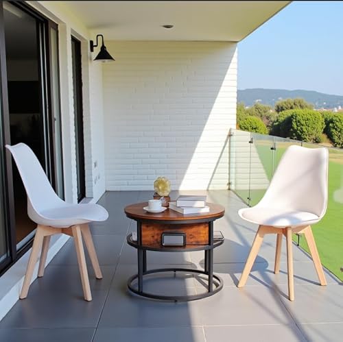 FURNITABLE Couchtisch Rund mit Hebeplatte,Beistelltisch Höhenverstellbar mit Stauraum Klein Wohnzimmertisch,Kaffeetisch mit 2 Weiß Stühle,60x60x48cm-62cm von FURNITABLE