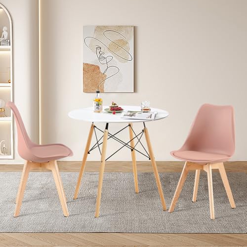 FURNITABLE Essgruppe Esstisch mit 2 Stühlen Esszimmergruppe, Runder Küchentisch-Set für 2 Personen Sitzgruppe für Wohnzimmer Küche Büro(Weiß Tisch+2 Rosa Stühle) von FURNITABLE