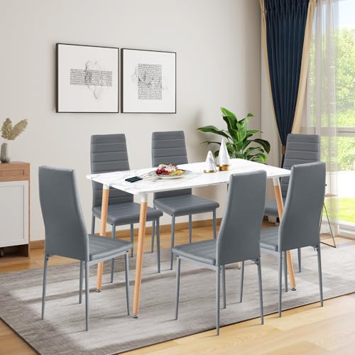 FURNITABLE Essgruppen Esstisch mit 6 Stühlen Esszimmergruppe, 110CM Rechteckig Küchentisch und 6er Set Esszimmerstühle Sitzgruppe für Wohnzimmer Küche Büro(Marmor Tisch+6 Grau Stühle) von FURNITABLE