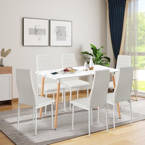 FURNITABLE Essgruppen Esstisch mit 6 Stühlen Esszimmergruppe, 110CM Rechteckig Küchentisch und 6er Set Esszimmerstühle Sitzgruppe für Wohnzimmer Küche Büro(Marmor Tisch+6 Weiß Stühle) von FURNITABLE