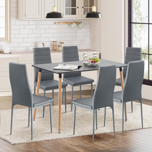 FURNITABLE Essgruppen Esstisch mit 6 Stühlen Esszimmergruppe, 110CM Rechteckig Küchentisch und 6er Set Esszimmerstühle Sitzgruppe für Wohnzimmer Küche Büro(Schwarz Tisch+6 Grau Stühle) von FURNITABLE