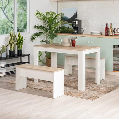 FURNITABLE Esstisch Set Sentio,Eiche+Weiß 120 x 70 cm mit 2 Bänken 3-teilig Essgruppe Tischgruppe Sitzgruppe Holztisch Küchentisch von FURNITABLE