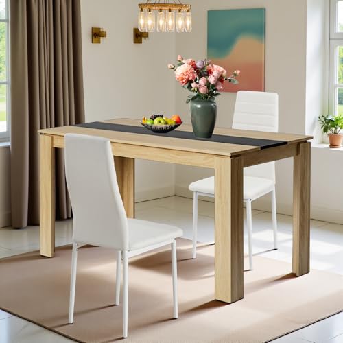 FURNITABLE Esstisch mit 2 Stühlen Esszimmergruppe, 2er Set Esszimmerstühle und Rechteckig Holztisch Essgruppe für Wohnzimmer Küche Büro(140 * 70cm Tisch+2 Weiß Stühle) von FURNITABLE