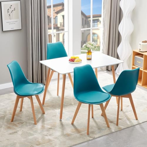 FURNITABLE Esstisch mit 4 Esszimmerstühle, Skandinavisches Design Küchentisch mit Gepolsterter Stühlen Passend für Esszimmer Küche Wohnzimmer, Weißer Esstisch mit 4 Türkise Stühle von FURNITABLE