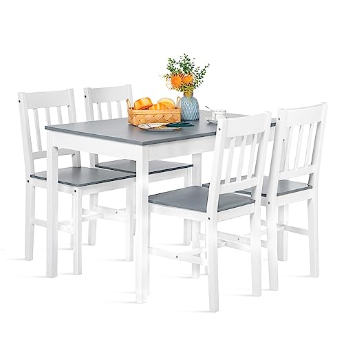 FURNITABLE Esstisch mit 4 Stühlen, Essgruppe Kiefer Holz für Esszimmer, Küche, Wohnzimmer, Grau und Weiß von FURNITABLE