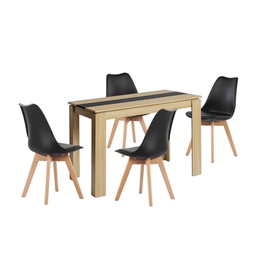 FURNITABLE Esstisch mit 4 Stühlen Esszimmergruppe, 4er Set Esszimmerstühle und 110CM Rechteckig Holztisch Essgruppe für Wohnzimmer Küche Büro (Eiche-Schwarz Tisch+4 Schwarz Stühle) von FURNITABLE
