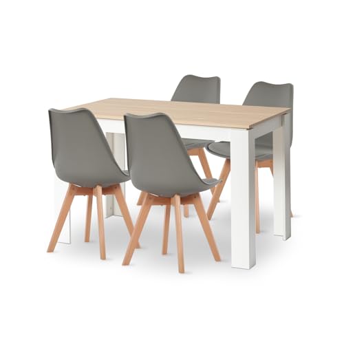 FURNITABLE Esstisch mit 4 Stühlen Esszimmergruppe, 4er Set Esszimmerstühle und 120CM Rechteckig Holztisch Essgruppe für Wohnzimmer Küche Büro (Eiche-Weiß Tischbein Tisch+4 Grau Stühle) von FURNITABLE