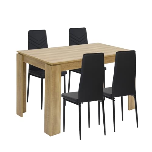 FURNITABLE Esstisch mit 4 Stühlen Esszimmergruppe, 4er Set Esszimmerstühle und Rechteckig Holztisch Essgruppe für Wohnzimmer Küche Büro (Eiche Tisch+4 Schwarz Stühle) von FURNITABLE