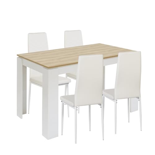 FURNITABLE Esstisch mit 4 Stühlen Esszimmergruppe, 4er Set Esszimmerstühle und Rechteckig Holztisch Essgruppe für Wohnzimmer Küche Büro (Eiche-weiß Tisch+4 Weiß Stühle) von FURNITABLE