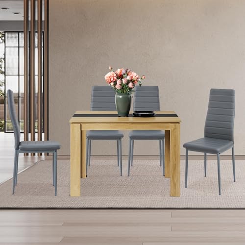 FURNITABLE Esstisch mit 4 Stühlen Esszimmergruppe, Essgruppe mit Hochlehner Kunstleder Stuhl für 4 Personen, Sitzgruppe für Küche Esszimmer Wohnzimmer(110cm Eiche-Schwarz Tisch+4 Grau Stühle) von FURNITABLE