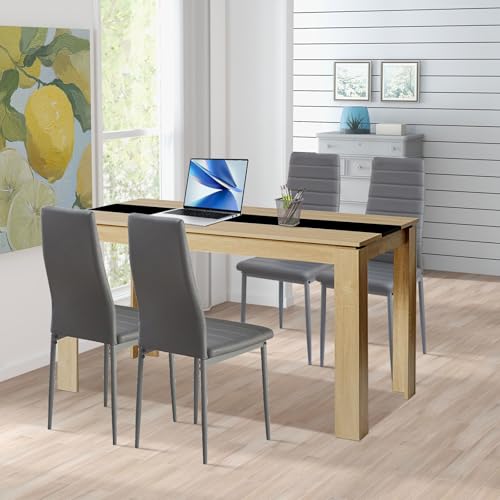 FURNITABLE Esstisch mit 4 Stühlen Esszimmergruppe, Essgruppe mit Hochlehner Kunstleder Stuhl für 4 Personen, Sitzgruppe für Küche Esszimmer Wohnzimmer(140cm Eiche-Schwarz Tisch+4 Grau Stühle) von FURNITABLE