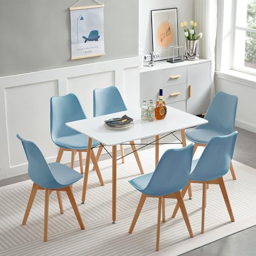 FURNITABLE Esstisch mit 6 Esszimmerstühle Essgrupp, Skandinavisches Design Küchentisch mit Gepolsterter Stühlen Passend für Esszimmer Küche Wohnzimmer, Weißer Esstisch und Hellblau Stühle von FURNITABLE