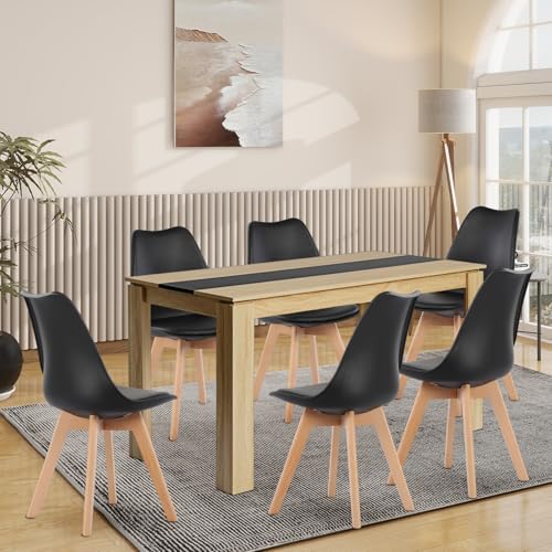 FURNITABLE Esstisch mit 6 Stühlen Esszimmergruppe, 6er Set Esszimmerstühle und 140CM Rechteckig Holztisch Essgruppe für Wohnzimmer Küche Büro (Eiche-Schwarz Tisch+6 Schwarz Stühle) von FURNITABLE