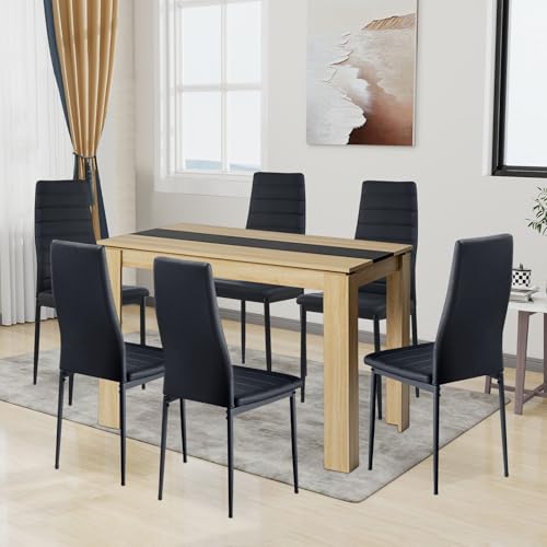 FURNITABLE Esstisch mit 6 Stühlen Esszimmergruppe, 6er Set Esszimmerstühle und Rechteckig Holztisch Essgruppe für Wohnzimmer Küche Büro(110 * 70cm Tisch+6 Schwarz Stühle) von FURNITABLE