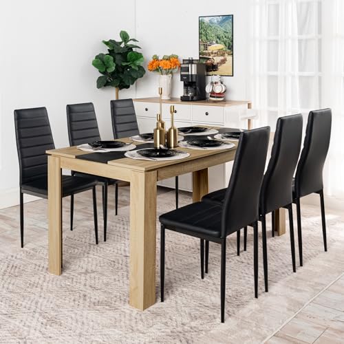 FURNITABLE Esstisch mit 6 Stühlen Esszimmergruppe, Essgruppe mit Hochlehner Kunstleder Stuhl für 6 Personen, Sitzgruppe für Küche Esszimmer Wohnzimmer(160 * 80 * 75cm Tisch+6 Schwarz Stühle) von FURNITABLE