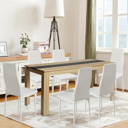 FURNITABLE Esstisch mit 6 Stühlen Esszimmergruppe, Essgruppe mit Hochlehner Kunstleder Stuhl für 6 Personen, Sitzgruppe für Küche Esszimmer Wohnzimmer(160 * 80 * 75cm Tisch+6 Weiß Stühle) von FURNITABLE