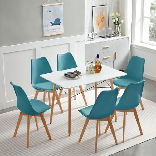 FURNITABLE Esszimmer Set mit 6 Stühlen, Esstisch mit Metallgestell, Küchentisch und 4 Gepolsterter PU Leder Küchenstühle, Weißer Tisch und Türkise Stühle von FURNITABLE