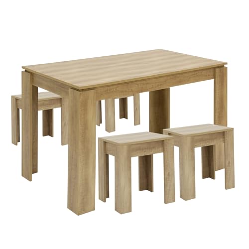 FURNITABLE Esszimmer Tisch- und 4 Hocker Set 5-teilig Essgruppe Tischgruppe Sitzgruppe Holztisch Küchentisch Eiche 120x70cm von FURNITABLE
