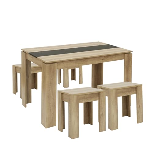 FURNITABLE Esszimmer Tisch- und 4 Hocker Set 5-teilig Essgruppe Esszimmergruppe Sitzgruppe Küchentisch mit 4 Stühlen platzsparend Eiche+Schwarz 110x70cm von FURNITABLE