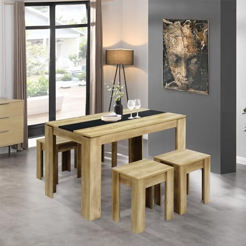 FURNITABLE Esszimmer Tisch- und 4 Hocker Set 5-teilig Essgruppe Esszimmergruppe Sitzgruppe Küchentisch mit 4 Stühlen platzsparend Eiche+Schwarz 120x70cm von FURNITABLE