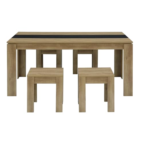 FURNITABLE Esszimmer Tisch- und 4 Hocker Set 5-teilig Essgruppe Esszimmergruppe Sitzgruppe Küchentisch mit 4 Stühlen platzsparend Eiche+Schwarz 160x80cm von FURNITABLE