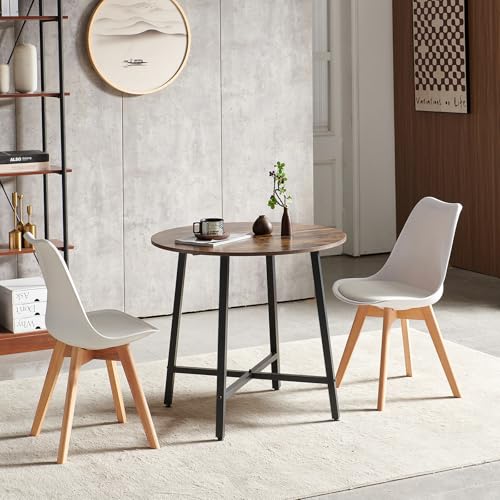FURNITABLE Esszimmergruppe Esstisch mit 2 Stühlen Essgruppe, Runder Küchentisch mit 2er Set Esszimmerstühle Sitzgruppe für Wohnzimmer, Küche (Vintagebraun-tintenschwarz Tisch + 2 Weiß Stühle) von FURNITABLE