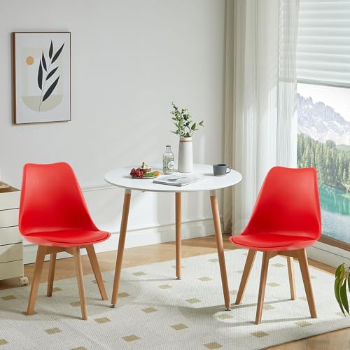 FURNITABLE Esszimmergruppe Esstisch mit 2 Stühlen Essgruppen, 2er Set Esszimmerstühle und Runder Küchentisch Sitzgruppe für Wohnzimmer Küche Büro (Weiß Tisch+2 Rot Stuhl) von FURNITABLE