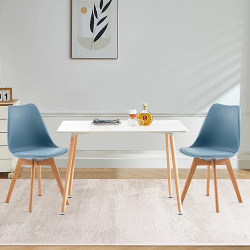 FURNITABLE Esszimmergruppe Esstisch mit 2 Stühlen Essgruppen, Rechteckig 110cm Küchentisch-Set und 2er Set Esszimmerstühle für Wohnzimmer Küche Büro (Weiß Tisch+2 Lichtblau Stühle) von FURNITABLE