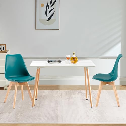 FURNITABLE Esszimmergruppe Esstisch mit 2 Stühlen Essgruppen, Rechteckig 110cm Küchentisch-Set und 2er Set Esszimmerstühle für Wohnzimmer Küche Büro (Weiß Tisch+2 Türkis Stühle) von FURNITABLE