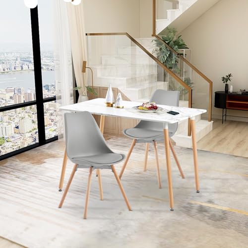 FURNITABLE Esszimmergruppe mit 2 Stühle, Rechteckig 110CM Küchentisch und 2er Set Esszimmerstühle Essgruppe für Küche Esszimmer Büro Wohnzimmer (Marmor Tisch+2 Grau Stühlen) von FURNITABLE