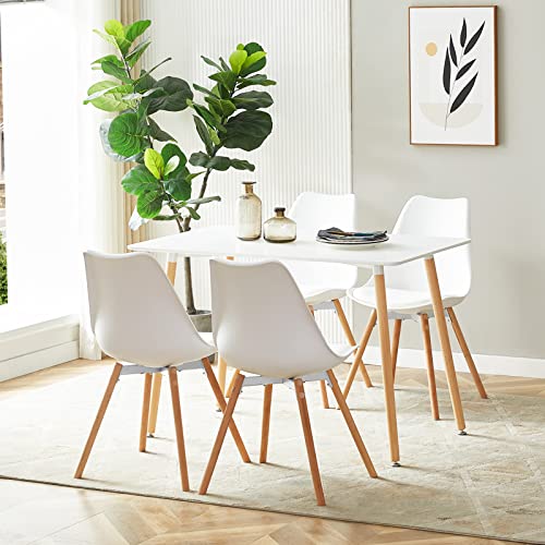 FURNITABLE Esszimmergruppe mit 4 Stühlen, Rechteckig Küchentisch-Set Essgruppe für Küche Esszimmer und Wohnzimmer (Weiß Tisch+4 Weiß Esszimmerstühle) von FURNITABLE