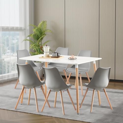 FURNITABLE Esszimmergruppe mit 6 Stühlen, Rechteckig Küchentisch-Set Essgruppe für Küche Esszimmer und Wohnzimmer (Weiß Tisch+6 Grau Esszimmerstühle) von FURNITABLE