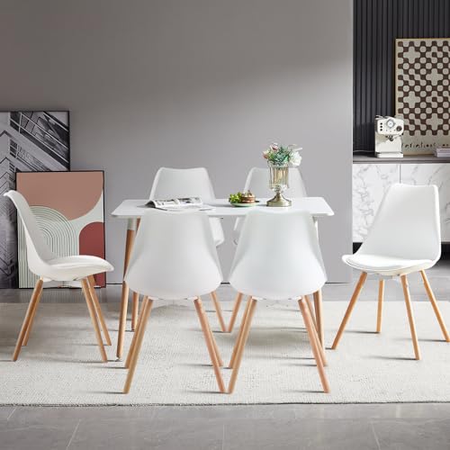 FURNITABLE Esszimmergruppe mit 6 Stühlen, Rechteckig Küchentisch-Set Essgruppe für Küche Esszimmer und Wohnzimmer (Weiß Tisch+6 Weiß Esszimmerstühle) von FURNITABLE