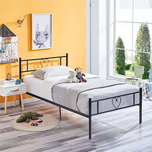 FURNITABLE Gästebett Metallbett Einzelbett Modern, Bettrahmen mit Herzförmiges Kopfteil, Kinderbett Jugendbett Bettgestelle für Schlafzimmer, 90 x 190 cm, Schwarz von FURNITABLE