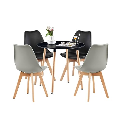 FURNITABLE Round Esstisch mit 4 Schwarz & Grau Stühle Essgrupp Holztisch Skandinavisches Stuhl Esstisch Set für Esszimmer Küche 80cm von FURNITABLE