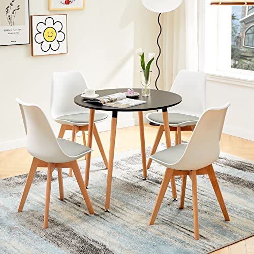 FURNITABLE Schwarz Esstisch Rund mit 4 Weiß & Grau Stühlen Küchentisch Wohnzimmertisch Holztisch Tisch Set für Wohnzimmer Küche Büro von FURNITABLE