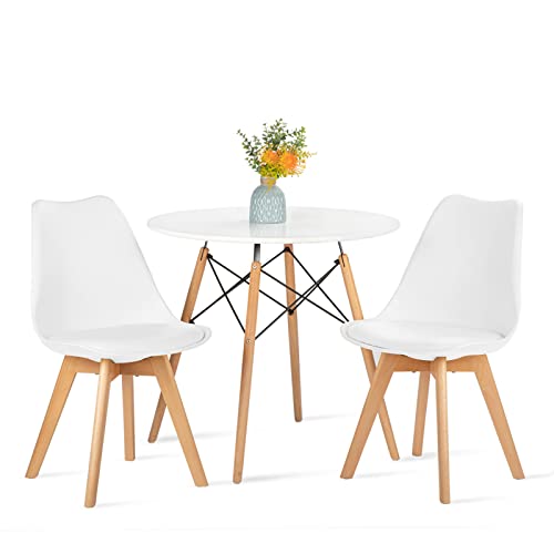 FURNITABLE Set aus Runder Esszimmertisch mit 2 Weißer Stühlen, Esszimmergruppe für Esszimmer Küche Wohnzimmer von FURNITABLE