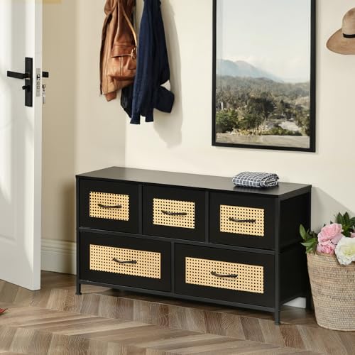 FURNITABLE Stoff-Kommode,Schrank Wohnzimmer,Stoffkommode, Aufbewahrungsschrank, 5 Schubladen, Metallrahmen, Industrieller Stil, für Wohnzimmer, Flur, Schlafzimmer (Schwarz) von FURNITABLE
